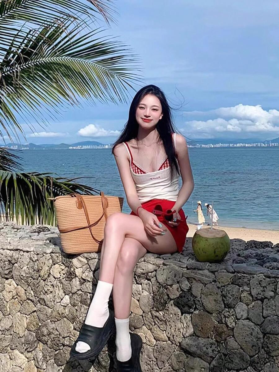 おしゃれでホットな白キャミソールレディース夏インナーレースチェック柄ブラジャー3点セット純粋な欲望ショートトップ - レッド - チェックする 1