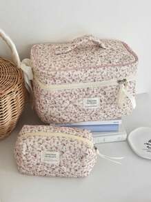 1 Stück/Set Cord-Samt Rosa Blume Muster Multifunktionale Kosmetik Organizer Geldbörse Tasche Tragbare Kosmetik Pinsel Aufbewahrung Clutch mit Reißverschluss für Lippenstift, Pinsel, Hautpflege, Handy, Münzen, Kleinteile, für Zuhause, Uni-Essentials, Reiseaccessoires, Urlaubsreise, Damen Kosmetiktasche, Kosmetik Organizer