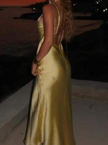 Seelio Summer New Arrival Women's Fashionable Sexy V-Neck Satin Slip Backless Midi Dress - Yellow - View 7