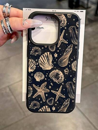 1 pieza Funda de teléfono suave, con textura y diseño de ilustración de concha de color oscuro vintage, resistente a caídas y antideslizante, compatible con teléfonos Apple