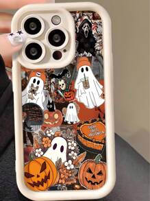 1pc Fashionable Halloween Pumpkin & Ghost Graphic Splicing Pattern Full Coverage White Anti-Fingerprint Soft Phone Case Compatible With IPhone 16 Pro Max/16/16 Pro/16 Plus/15/15 Pro Max/15 Pro/11/12/13/14 Pro Max/11 Pro/11 Pro Max/12 Pro/12 Pro Max/13 Pro/13 Pro Max/14 Pro/14 Pro Max, Creative High-End Design