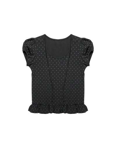 Sweet & Hot Girl 波尔卡圆点系带短款上衣，女式夏季修身荷叶边拼接短袖 T 恤