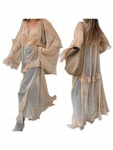 Women's Spring/Summer Long Dress Loose Fit Stylish Ruffled Trim Solid V Neck Long Sleeve Sheer Dress - Màu Khaki - Xem 2