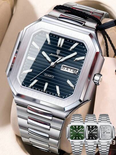  Reloj de pulsera cuadrado de lujo POEDAGAR de acero inoxidable con fecha y día, reloj de cuarzo impermeable y luminoso para hombre de negocios, reloj de pulsera casual para hombre, adecuado para ocasiones diarias, regalo de cumpleaños para hombres