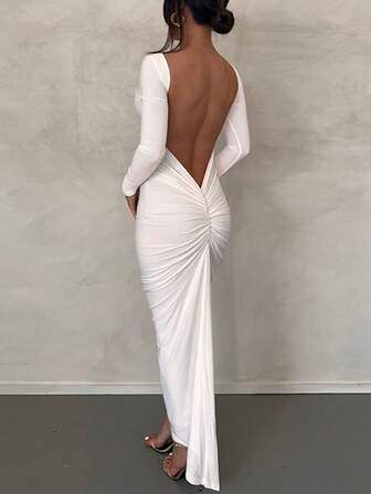 Women Solid Backless Ruched Bodycon Long Sleeves Sexy Elegant Party Festival Vacation Spring Valentine Day Dress