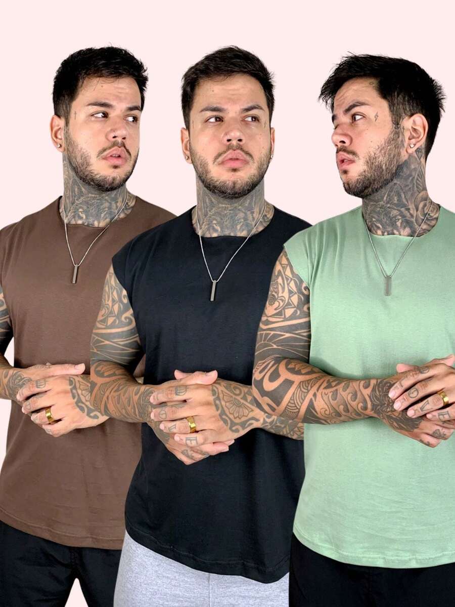 Kit 3 Tank Tops, Stylish Oversized Men's Macho T-Shirt, Bodybuilder - Green - View 1