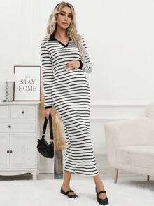 Pregnant Women's Striped Elegant Bodycon Casual Dress With Contrast Trim And Slit, Sexy And Suitable For Autumn/Winter Parties And Daily Wear