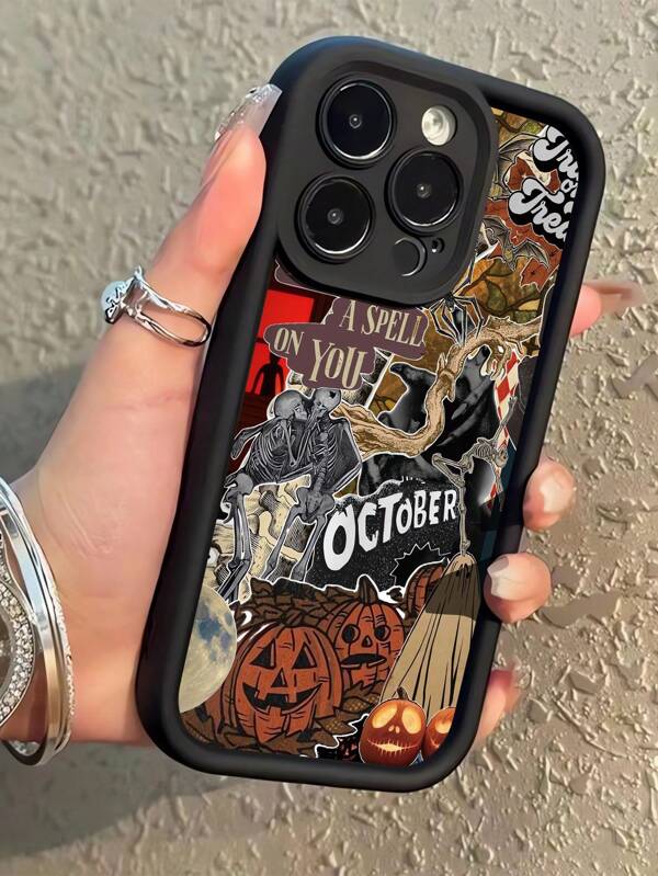 1 szt. Halloween Ghost Slogan Patchwork Pattern Czarny perforowany antypoślizgowy pokrowiec na telefon z zabezpieczeniem przed upadkiem i odciskami palców, odpowiedni do 'a 16 Pro Max/16/16 Pro/16 Plus/15/15 Pro Max/15 Pro/11/12/13/14 Pro Max/11 Pro/11 Pro Max/12 Pro/12 Pro Max/13 Pro/13 Pro Max/14 Pro/14 Pro Max/16 Pro Max/16/16 Pro/16 Plus, minimalistyczny, kreatywny miękki pokrowiec