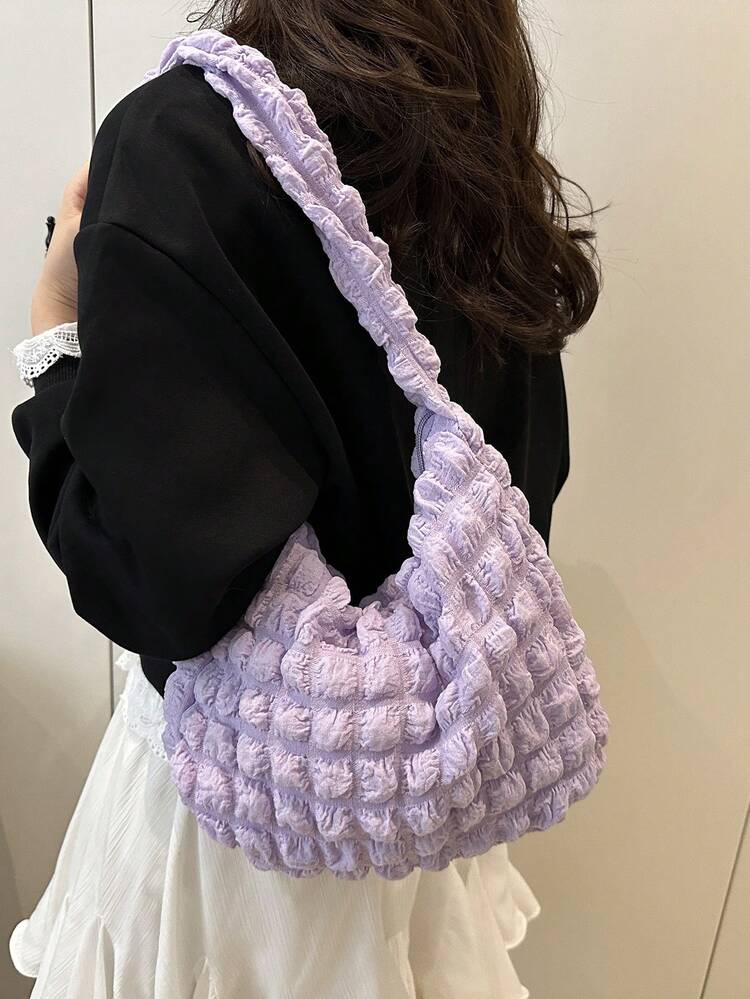 Soft Texture Large Capacity Women's Shoulder Bag, Casual Commuter Puff Cloud Pleated Bag, Korean Style - Purple - View 5