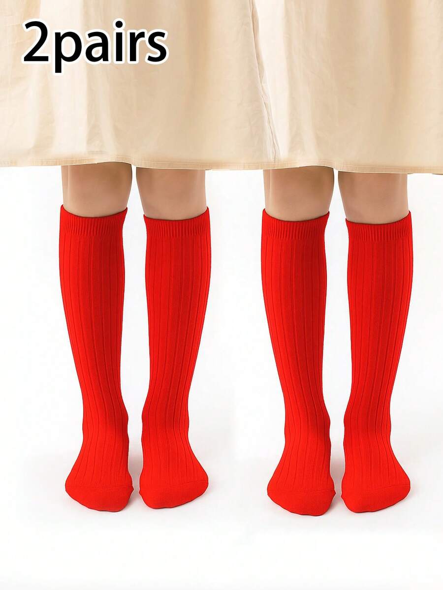 2 Paar Kinder Einfarbige gestreifte atmungsaktive lange Socken, geeignet für alle Jahreszeiten, Jungen und Mädchen - Rot - Übersicht 1