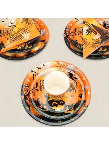 Halloween Party Supplies Orange Halloween Pumpkin Paper Plate Cup Napkin Set Happy Halloween Cake Plate Dinner Plate Scary Birthday Decorations Halloween Decoration