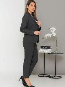 Women's Blazer And Tailored Pants Set, Cold Winter Casual - 深灰色 - 查看 4