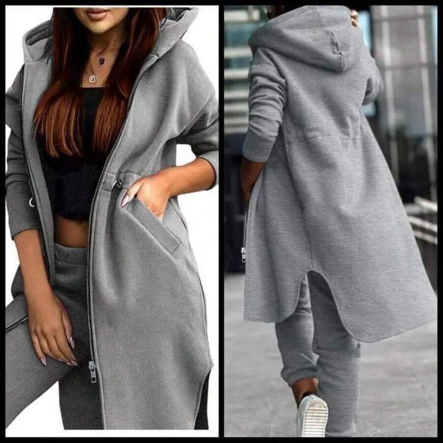 Conjunto Deportivo Casual con Abrigo Largo y Capucha - Gris - Ver 1