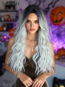 24 Inch Long Wavy Ombre Silvery White Wig For Women Heat Resistant Fiber Middle Part Hairpiece With Dark Roots,Natural Synthetic Full Machine Hair Wigs For Daily Music Festival Party Wear, Cosplay Halloween & Street Photography Use - 銀色 - 查看 5