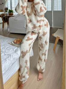 Nina Bonheur 2pcs Women Cozy Fleece Printed Top And Casual Pants Lounge Set, Cute Loungewear, Winter Clothes, Fluffy - White - View 5