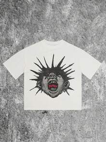 Camiseta de manga corta con estampado gráfico de retrato de dibujos animados y texto divertido para uso urbano - Blanco - Ver 3