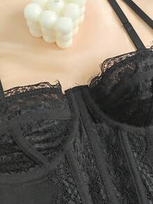 Lace Bustier Corset | Mesh Insert Spaghetti Straps Slim Fit Top - 黑色 - 查看 6