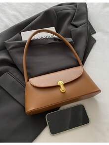 柔软PU皮革金属锁扣装饰复古贝壳法棍包，女士单肩包，新款女士手提包，小方包 - 棕色 - 查看 4