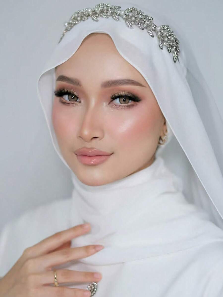 1 chiếc khăn trùm đầu trang trí lễ cưới Hồi giáo, khăn trùm đầu bằng vải chiffon màu trơn đính ngọc trai dành cho nữ. - màu đặc - Xem 1