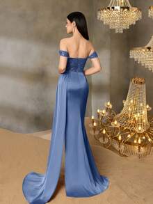 Alisa&Leo Teen Girls' Sequin Evening Gown - Off-Shoulder Beaded Bodice With Crystal Accents, Satin Mermaid Silhouette For Graduation Proms, Wedding Guest Outfits, Formal Dinners & Beauty Pageants