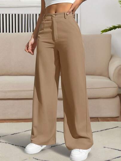 Pantalones casuales sueltos de color sólido de pierna ancha para mujer, cómodos y con bolsillos, adecuados para todas las estaciones.