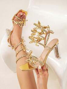 Women's Crystal High Heel Sandals, Rhinestone And Butterfly Decor Wrap Design, Open Toe, Shiny Ladies Crystal High Heels, Suitable For Weddings, Parties And Other Occasions - Gold - View 1
