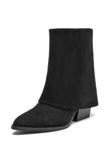 RevReaL Botines minimalistas de ante sintético con punta puntiaguda y tacón cuadrado, estilo western, ideales para las vacaciones universitarias. - Negro - Ver 3