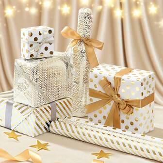 1 rulle 300x43 cm guldfärgad "Happy Birthday" folie presentpapper, stor storlek populär för fester, högtider, presenter, fjäder- och prickdesign