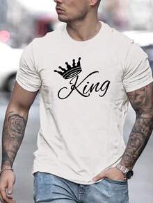 Camiseta de Moda Casual para Hombre - Naranja Brillante con Impresión de "KING" y Gráfico de Corona, Poliéster, Cuello Redondo, Lavable a Máquina, Ideal para Uso Diario y Deportivo - Blanco - Ver 2