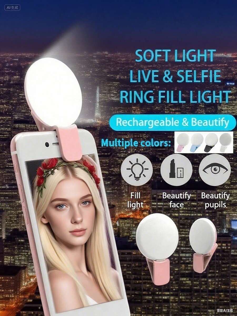 Fill-lights 这款LED手电筒自拍灯兼容笔记本电脑，迷你环形灯，可用作照片补光灯、视频环形灯、摄影夹灯，适合自拍和直播，便携式设计，电池容量：30mAh