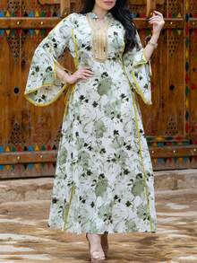 Elegant Women's Long Sleeve V-Neck Arabic Dress, Made Of Woven Fabric With Tie Waist And Slit Details - Green - View 8