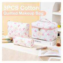Makeup Bag For Women 3PCS, Quilted Cotton Cosmetic Bag Set, Large Travel Makeup Organizer With Bow, Floral Toiletry Pouch For Gifts - 如圖962 - 查看 2