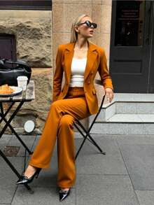 Zalla Blazer And Palazzo Pants Set With Lining And Decorative Button - Camel - View 2
