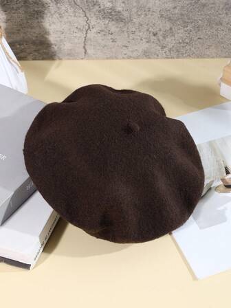 1pc Women's Solid Color Wool Beret Hat, Artistic Japanese Style Suitable For Outings And Sketching, Autumn/Winter