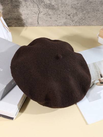 1pc Women's Solid Color Wool Beret Hat, Artistic Japanese Style Suitable For Outings And Sketching, Autumn/Winter