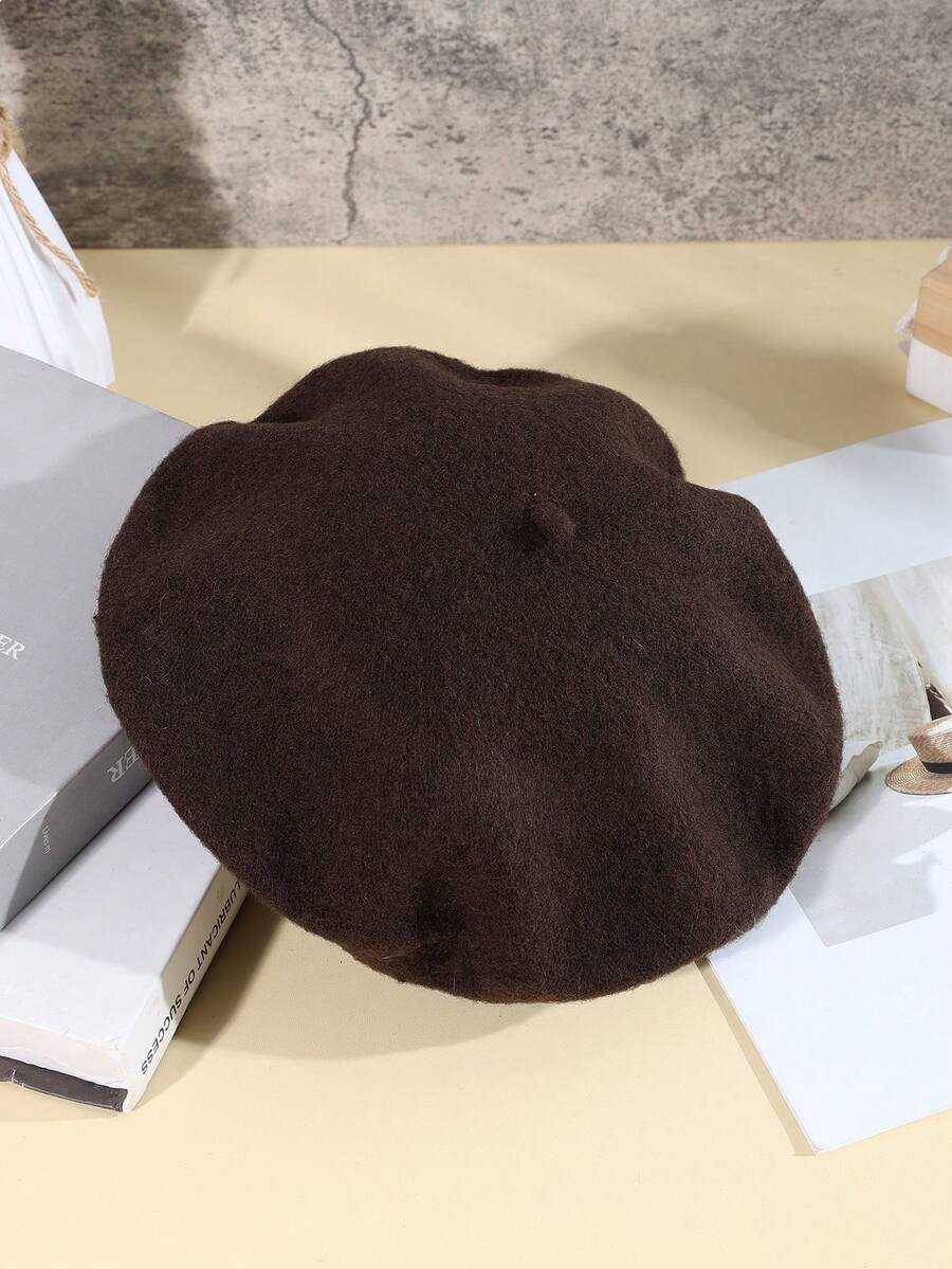 1 Mũ nồi len trơn màu dành cho nữ, phong cách nghệ thuật Nhật Bản, thích hợp cho các buổi đi chơi và phác thảo, mùa thu/đông - Màu cà phê - Xem 1
