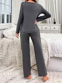 Women's Pajama Set 2 Piece: Soft Long Sleeve Sleep Shirt +  Long Pants With Elastic Waistband For Sleeping - Xám - Xem 3