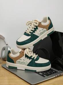 Men's Fashion Contrast Color Random Print Lace-Up Casual Flat Sneakers, Personalized Patchwork Outdoor Casual Sports Shoes, Couple Shoes, Suitable For Jeans Active Wear - Rice Green - View 7