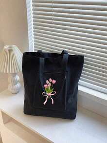 1 pieza Bolso de lona grande con estampado floral rosa, bolso de mano, bolsa de compras, bolsa de fiesta, bolsa de recuerdo de boda y cumpleaños, bolso de mano hecho a mano, bolsa de regalo de fiesta, bolso de mujer, bolsa de lona - Negro - Ver 2