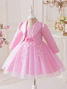 2pcs Girls Autumn Outfit: Pink Lace Patchwork Tulle Princess Dress & Jacket Set, Handmade 3D Floral Mesh Tulle Dress For Girls, Suitable For Birthday Party, Wedding, Piano Recital, Special Occasions - Pink - View 4