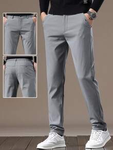 GRDR Men's Solid Color Slim Fit Casual Tapered Pants With Pockets, Suitable For Daily Commute - Light Grey - View 2