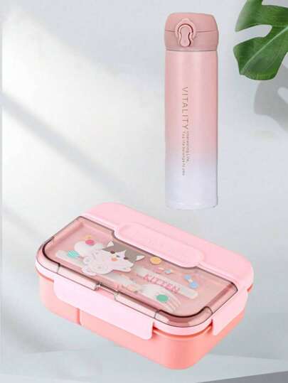2pcs Divided Bento Lunch Box, Cute Cartoon Elementary School Plastic Food Container, Stainless Steel Leak-Proof Lid Salad Bowl And Thermal Cup, Fashion Direct Drinking Water Bottle,School Supplies