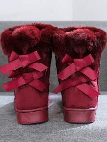 Damskie śniegowce w jednolitym kolorze z kokardką, z podszewką termiczną, ciepłe, krótkie śniegowce, modne, płaskie, miękkie, zimowe buty z puszystą podszewką, antypoślizgowe, wygodne, śniegowce w kolorze czerwonego wina, niebieskiego, czarnego, z futrzanymi butami - Burgund - Zobacz 3