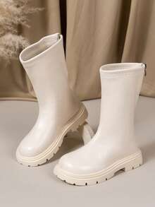 1 Pair Girls' Leather Boots, 2025 Winter New Kids Thermal Lined Mid-Calf Boots, Soft Sole, Girls' Mid-Calf Boots, For Older Kids