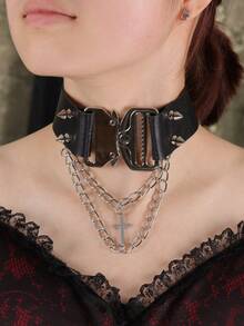 1 Bộ dây đeo 3 trong 1 phong cách Gothic tối màu: Vòng cổ choker bằng da PU có thể điều chỉnh, dây đeo tay và dây đeo bốt với khóa kim loại và dây xích hình chữ thập | Phụ kiện cần thiết cho chụp ảnh dự tiệc - màu đen - Xem 3