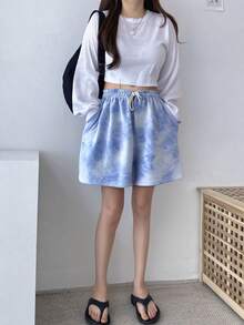 Tie-dye pantalones cortos deportivos casuales femeninos verano suelta versión coreana de la chica picante de cintura alta delgada A-line pantalones de pierna ancha - Azul - Ver 2