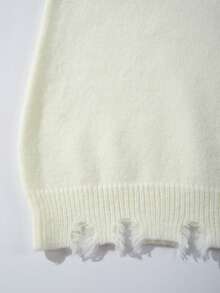 ANDREILEE 秋冬新款男女通用破洞流苏休闲宽松美式针织套头毛衣，长袖 - 杏色 - 查看 7