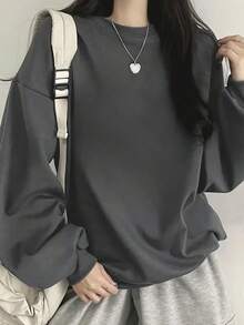 女士休闲宽松圆领长袖棉质运动衫，适合学生、日常穿着、通勤、返校、秋冬季