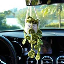 Accesorios colgantes para espejo de coche con estilo bohemio lindo, adorno de ganchillo de plantas artificiales, cesta colgante de plantas para espejo retrovisor, amuleto interior de coche, regalos de Navidad lindos para hombres y mujeres