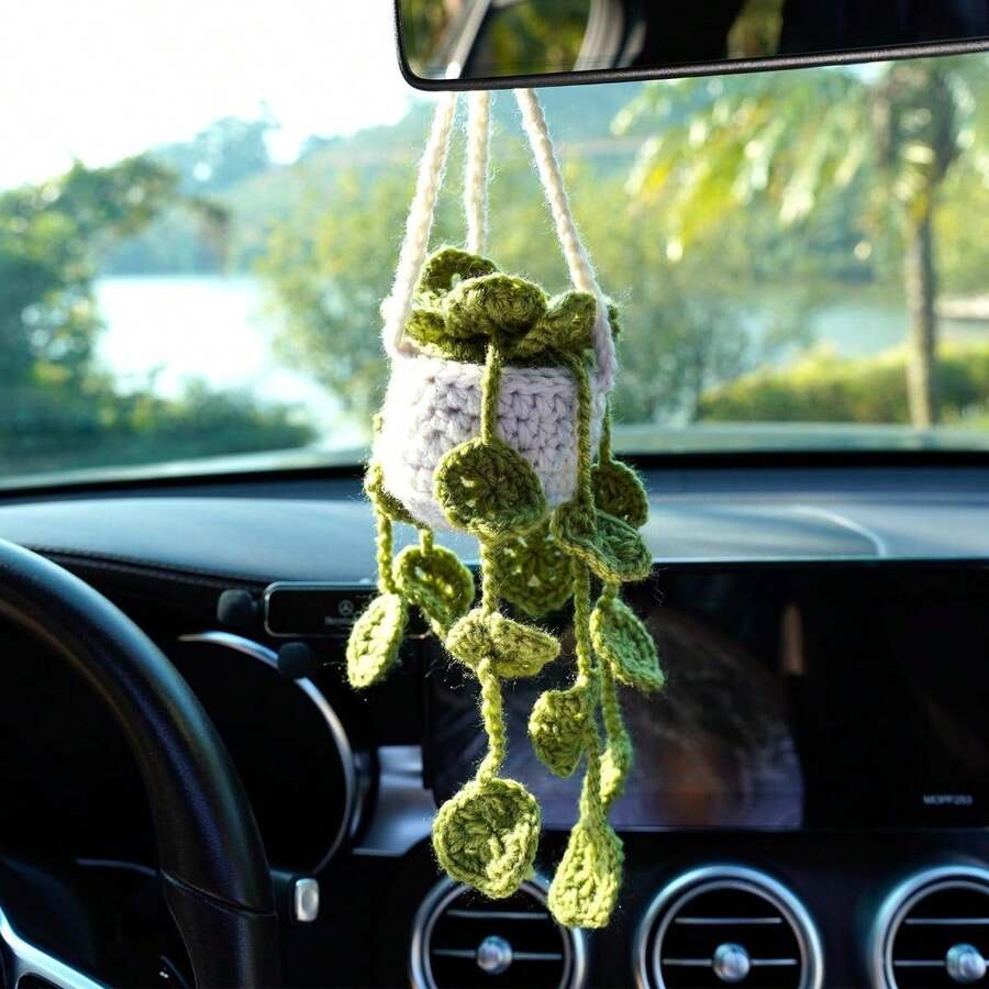 Accesorios colgantes para espejo de coche con estilo bohemio lindo, adorno de ganchillo de plantas artificiales, cesta colgante de plantas para espejo retrovisor, amuleto interior de coche, regalos de Navidad lindos para hombres y mujeres